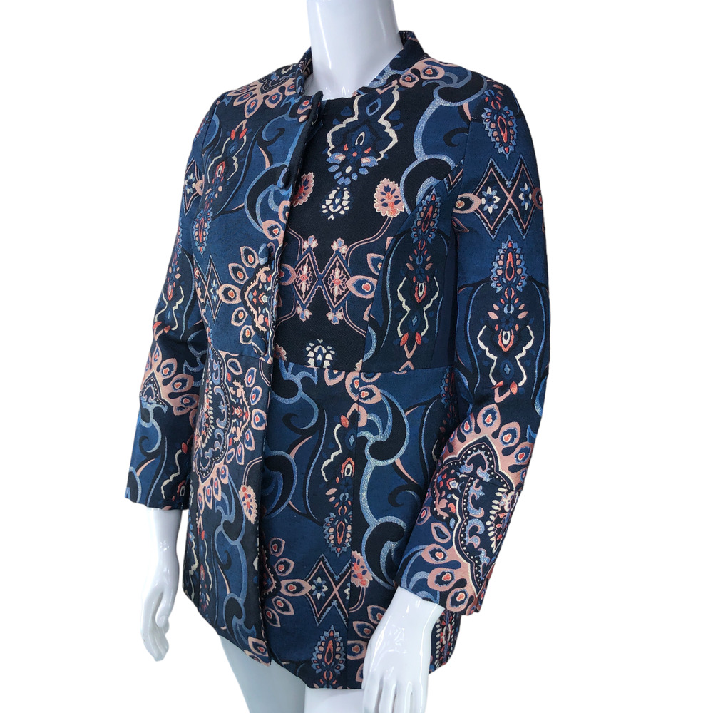 Chicos Womens Size 1 US 8 M Moroccan Print Jacket Band Collar Button Front Boho